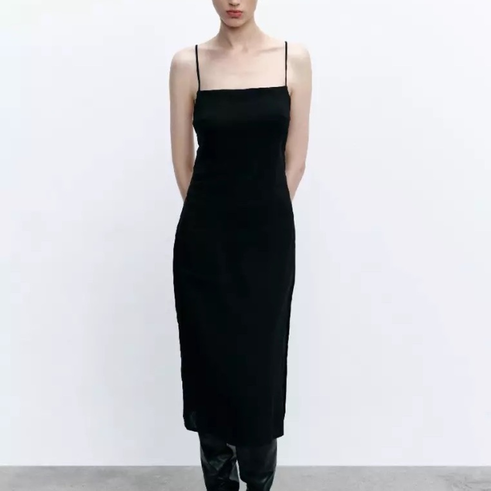 Black Midi Slip Dress with Side Lace-Up Detail - Picture 2 of 7